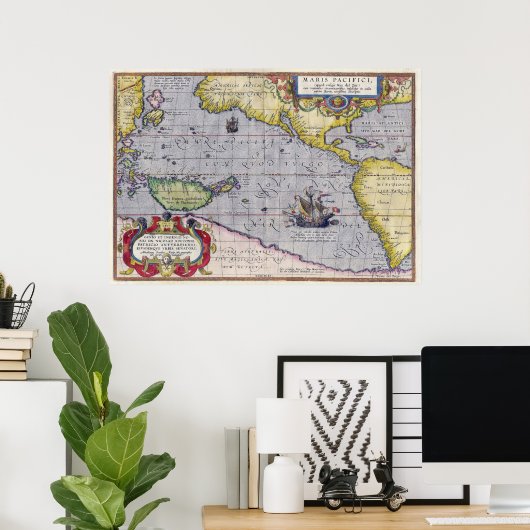 Maris Pacifici door Abraham Ortelius Map Poster (Thuiskantoor)