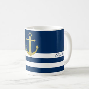 Maritiem, Goud Anker Marine Blauwe Strepen Koffiemok