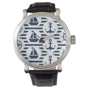 Maritiem in blauw patroon horloge