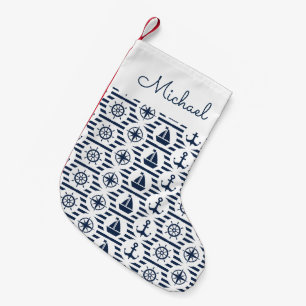 Maritiem in blauw patroon   Jouw namen toevoegen Kleine Kerstsok