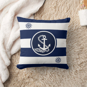 Maritiem wit en blauw, anker en scheepswiel kussen