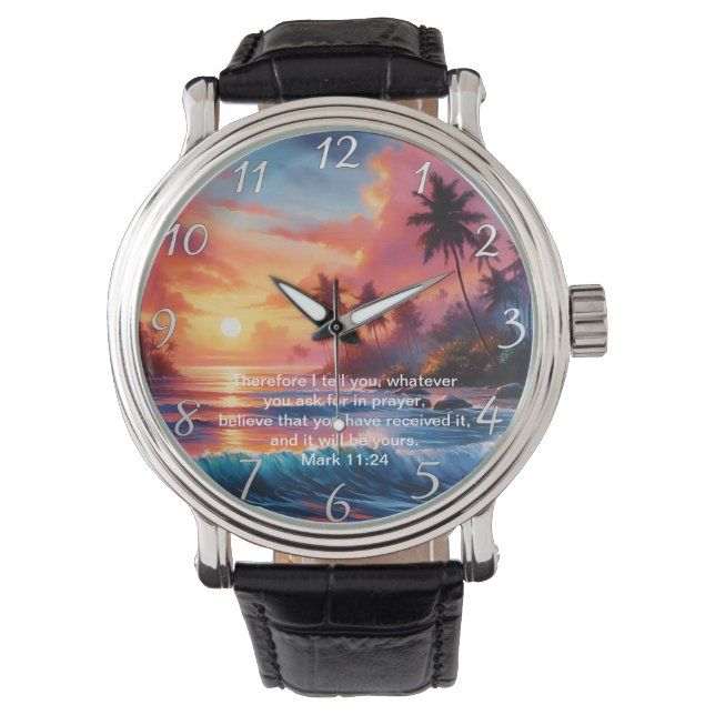 Mark 11:24 Inspiring Cross Sunset Ocean Horloge (Voorkant)