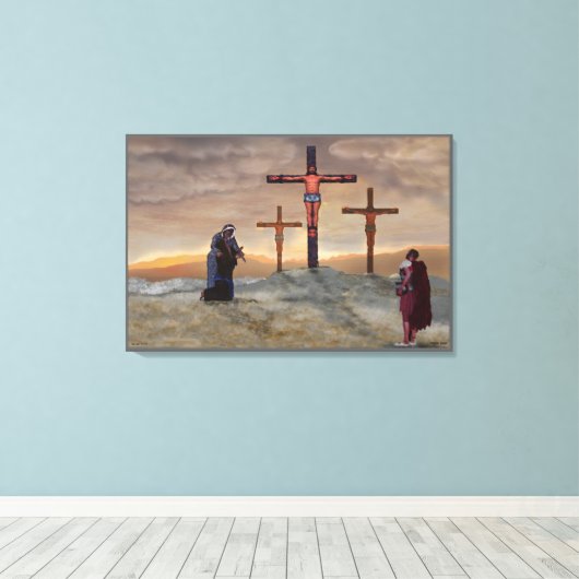 Mark 15:39 (aan het kruisje) canvas afdruk (Insitu (Houten vloer))