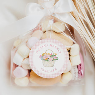 Markt Bruidsfeest Preppy Roze Gingham Ronde Sticker