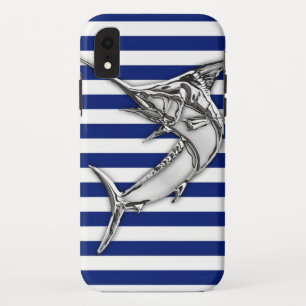 Marlin Fish Chrome on Nautical Stripes iPhone XR Hoesje