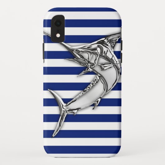 Marlin Fish Chrome on Nautical Stripes Case-Mate iPhone Case (Achterkant)