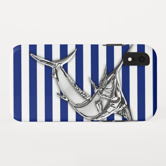 Marlin Fish Chrome on Nautical Stripes Case-Mate iPhone Case (Achterkant (horizontaal))
