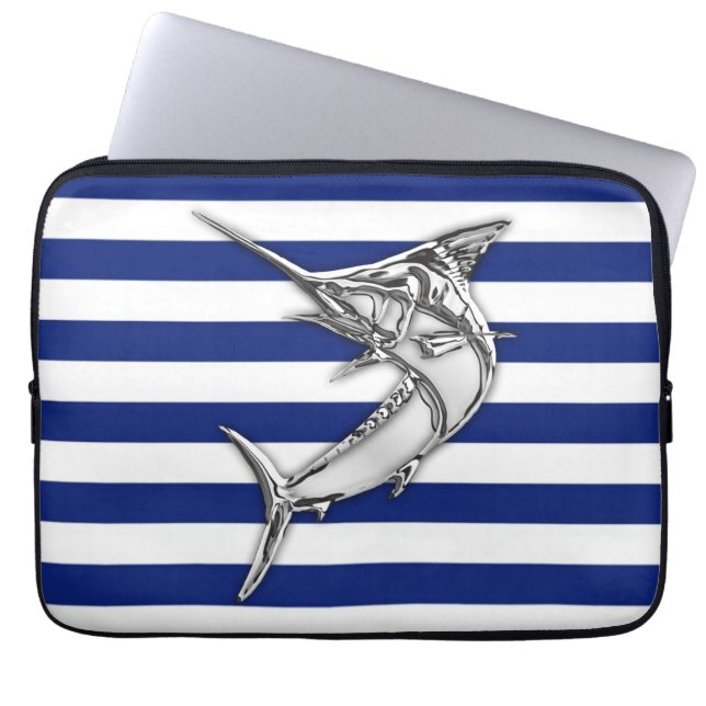Marlin Fish Chrome on Nautical Stripes Laptop Sleeve (Voorkant)