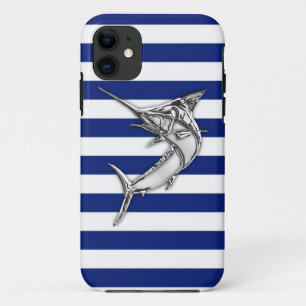 Marlin Szwaardvis Chrome on Nautical Stripes iPhone 11 Hoesje