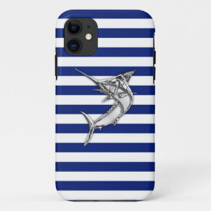 Marlin Szwaardvis Chrome on Nautical Stripes iPhone 11 Hoesje