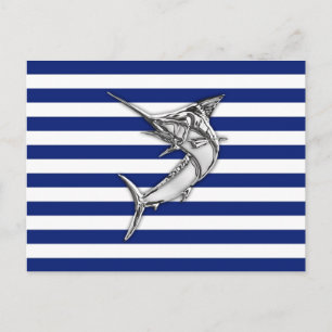 Marlin Szwaardvis Chrome Style op Nautical Stripes Briefkaart