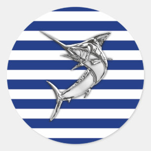 Marlin Szwaardvis Chrome Style op Nautical Stripes Ronde Sticker