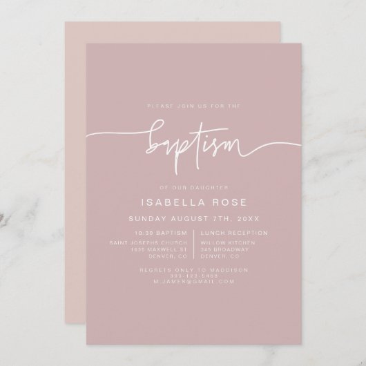 MARLO Dusty Rose Boho Pink Baptism Invitation (Devant / Derrière)