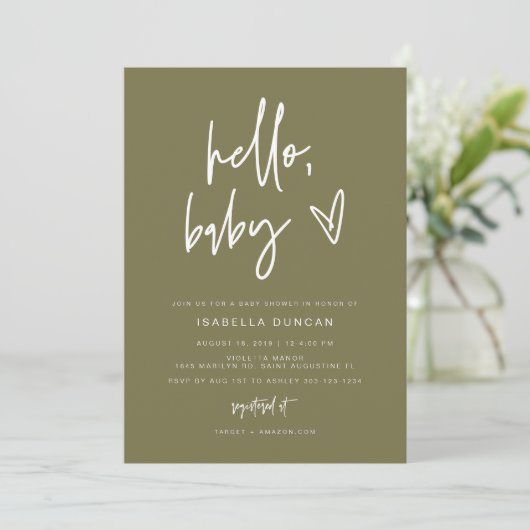 MARLO Modern Bohemian Olive Green Baby shower Kaart (Staand voorkant)