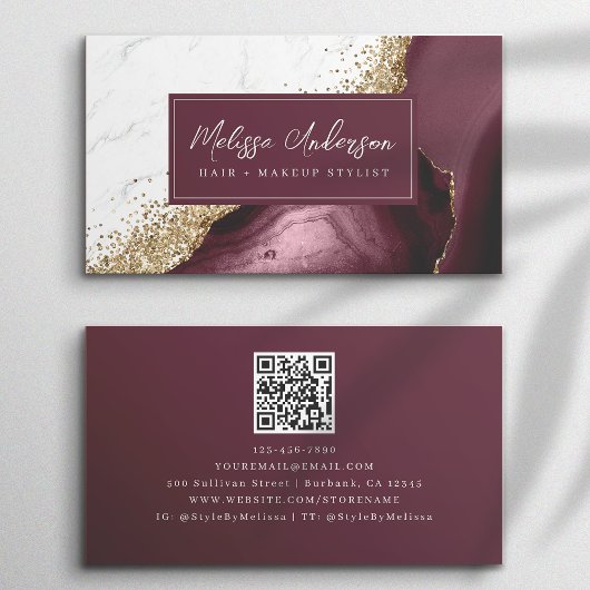 Marmer Agaat Bourgogne Gouden Glitter QR Code Visitekaartje