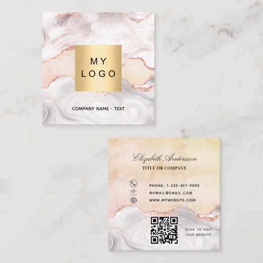 Marmer agate roos goud logo QR code elegant Vierkante Visitekaartje (Voorkant / Achterkant)
