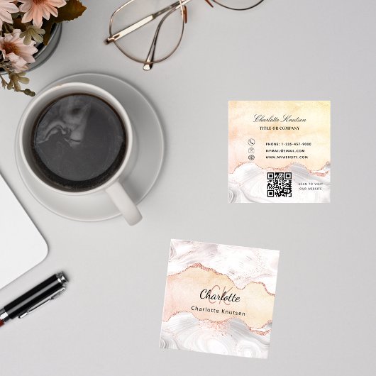 Marmer agate roos goudmonogram QR-code Vierkante Visitekaartje
