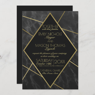 Marmer and Gold Art Deco Geometric Slate Wedding Kaart