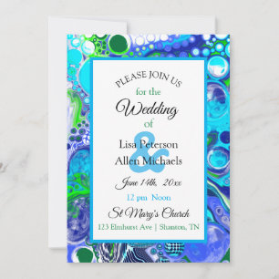 Marmer Blue Green Pour Painting Effect Wedding IV Kaart