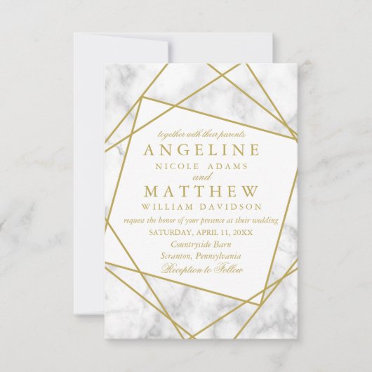Marmer en Faux Gold Geometric Wedding Invite Kaart (Voorkant)