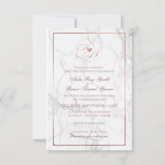 Marmer, Faux Roos Gold Fancy Script-Monogrammen Kaart (Achterkant)