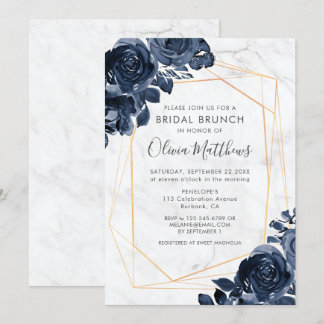 Marmer Geometric Gold Blue Rozen Bridal Brunch Kaart
