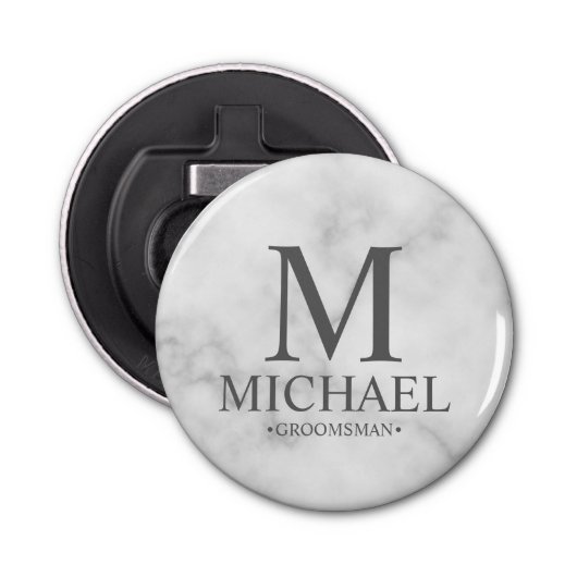 Marmer Gepersonaliseerde Groomsman Naam en Monogra Button Flesopener (Voorkant)