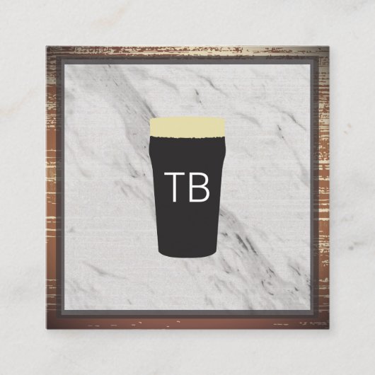 Marmer met houttrim en monogram vierkante visitekaartje (Voorkant)