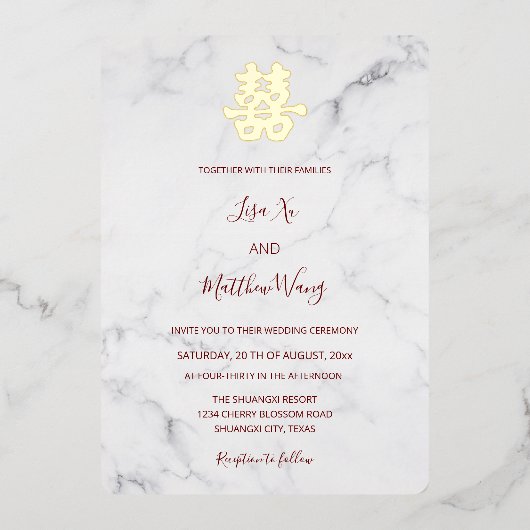 Marmer Moderne Chinese bruiloft Folie Uitnodiging (Voorkant)