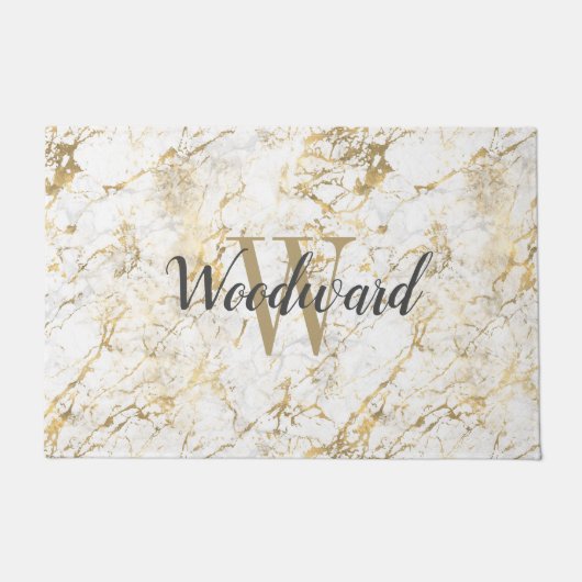 Marmer Monogram Goud Wit Schrift Persoonlijk Deurmat (Voorkant)