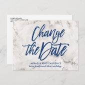Marmer Navy Blauwe glitterscript wijzigingsdatum Aankondigingskaart (Voorkant / Achterkant)