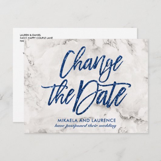 Marmer Navy Blauwe glitterscript wijzigingsdatum Aankondigingskaart (Voorkant / Achterkant)