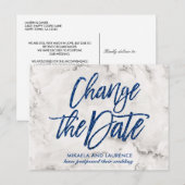 Marmer Navy Blue glitterscript wijzig datum Aankondigingskaart (Voorkant / Achterkant)