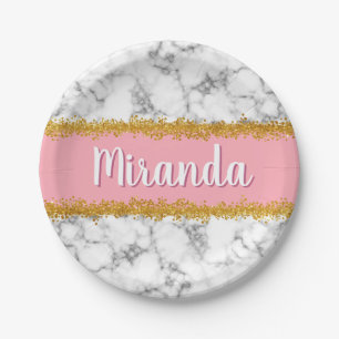 Marmer Pattern op Roze met Gold Glitter Papieren Bordje