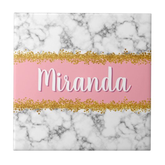 Marmer Pattern op Roze met Gold Glitter Tegeltje (Voorkant)