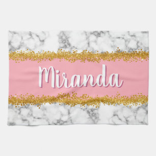 Marmer Pattern op Roze met Gold Glitter Theedoek