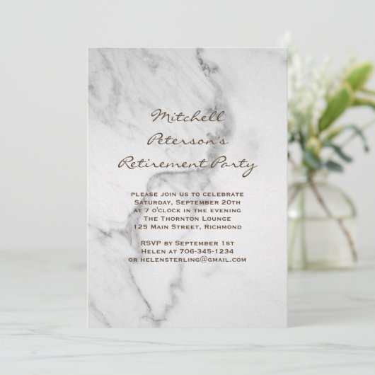 Marmer Pensioen Party Uitnodiging in Taupe (Staand voorkant)