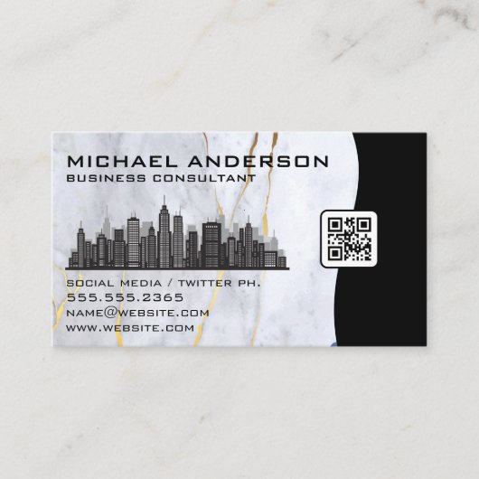 Marmer | Stads Silhouet | QR Code Visitekaartje (Voorkant)