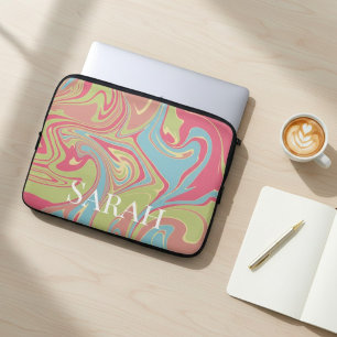 Marmer Stijl Aangepaste Naam Roze en Groen Laptop Sleeve