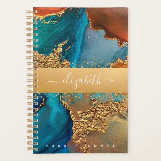 Marmer waterverf goud turquoise sinaasappel script planner (Voorkant)