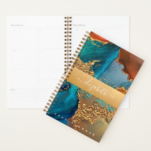 Marmer waterverf goud turquoise sinaasappel script planner (Display)