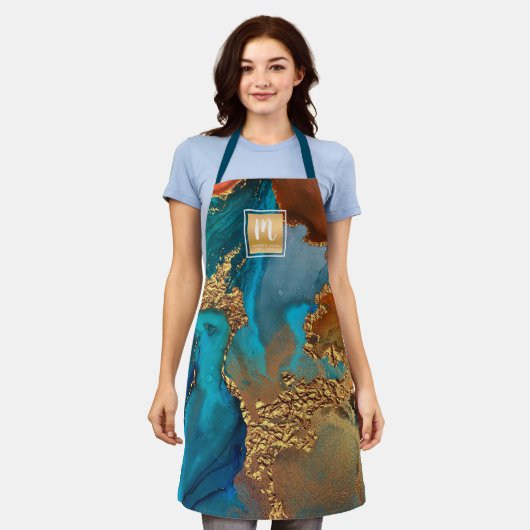 Marmer waterverf turquoise goudsalon monogram schort (Gedragen)