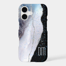 Marmeren Abstract Zilver Blauw Glitter Monogram