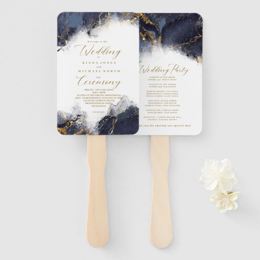 Marmeren Glitter Huwelijksprogramma Navy Bl Goud I Handwaaier (Voorkant en achterkant)