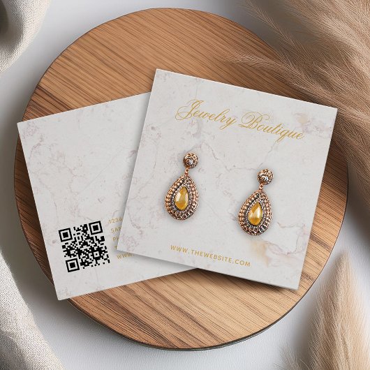 Marmeren Gouden Script QR Code Oorbeldisplaykaart Vierkante Visitekaartjes