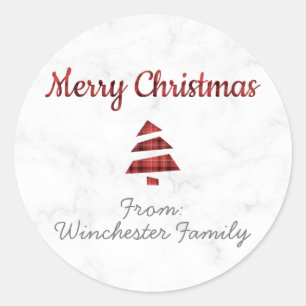 Marmeren kerstboom (Tartan: rood en zwart) Ronde Sticker