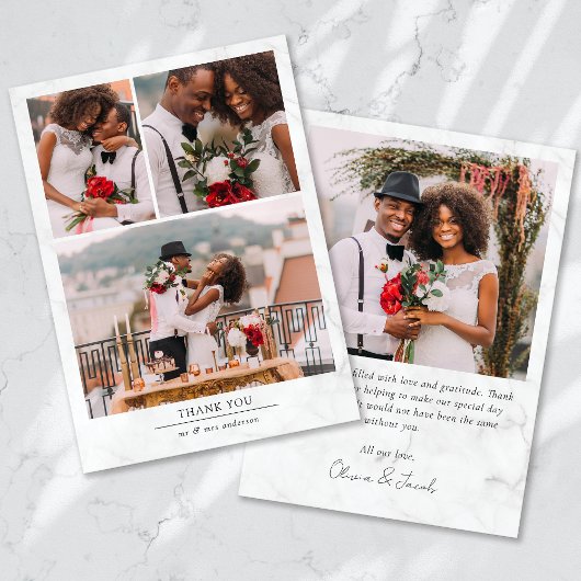 Marmeren minimalistische 4 foto bruiloft bedankkaart