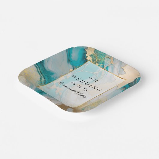 Marmeren moderne turquoise en gouden bruiloft papieren bordje (Gebogen)