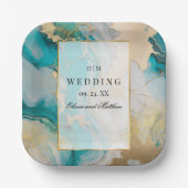 Marmeren moderne turquoise en gouden bruiloft papieren bordje (Voorkant)
