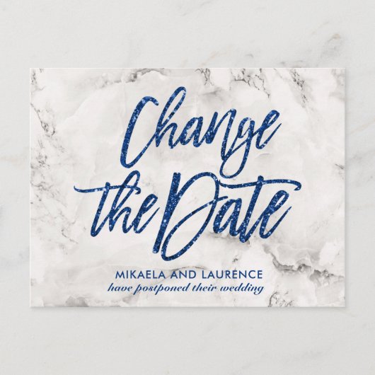 Marmeren Navy Blue glitterscript wijzigingsdatum Aankondigingskaart (Voorkant)